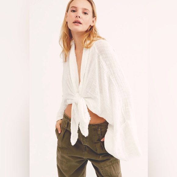 Free People FP One Azalea Kimono - Crinkly Boho Cream Blouse - Bohemian Top - Picture 1 of 13